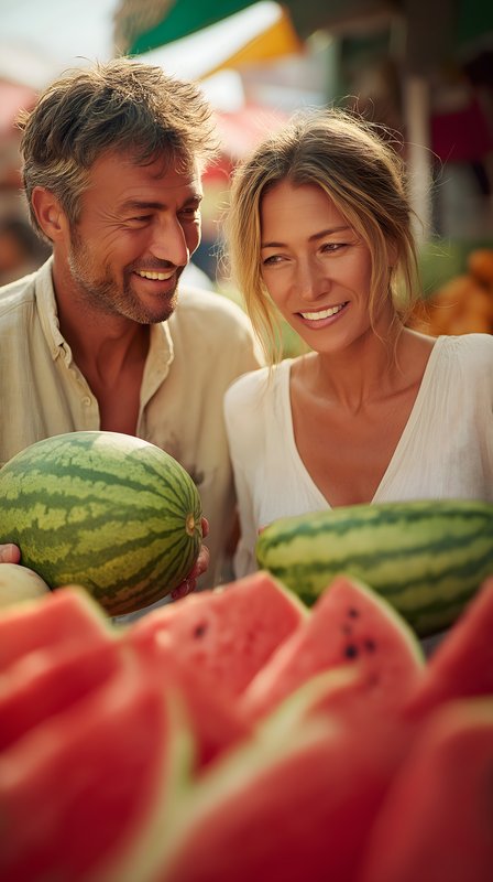 Joyful couple enjoys shopping for watermelons at market Free Premium Stock Image - stock photo