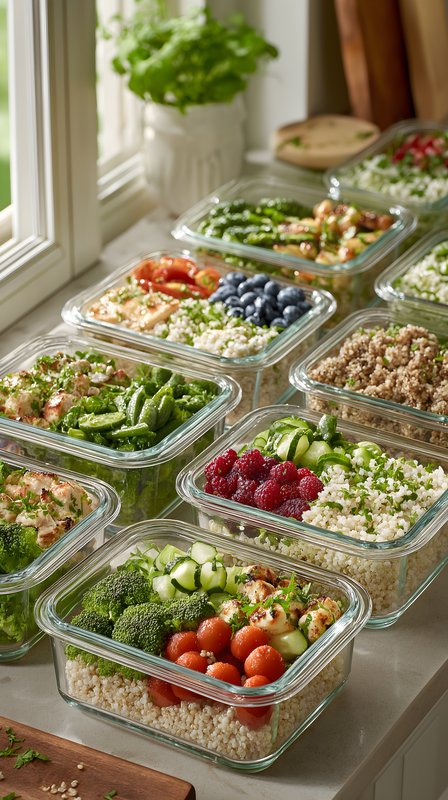 Healthy meal prep with fresh vegetables and grains in containers Free Premium Stock Image - stock photo