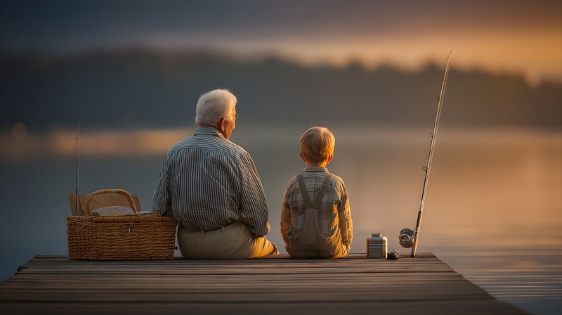 Grandfather and grandson enjoy fishing on a quiet lake dock Free Premium Stock Photo - stock photo