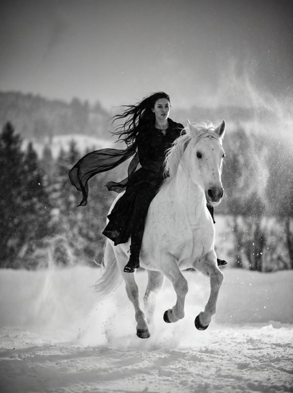 Woman rides white horse through snowy landscape in winter - stock photo