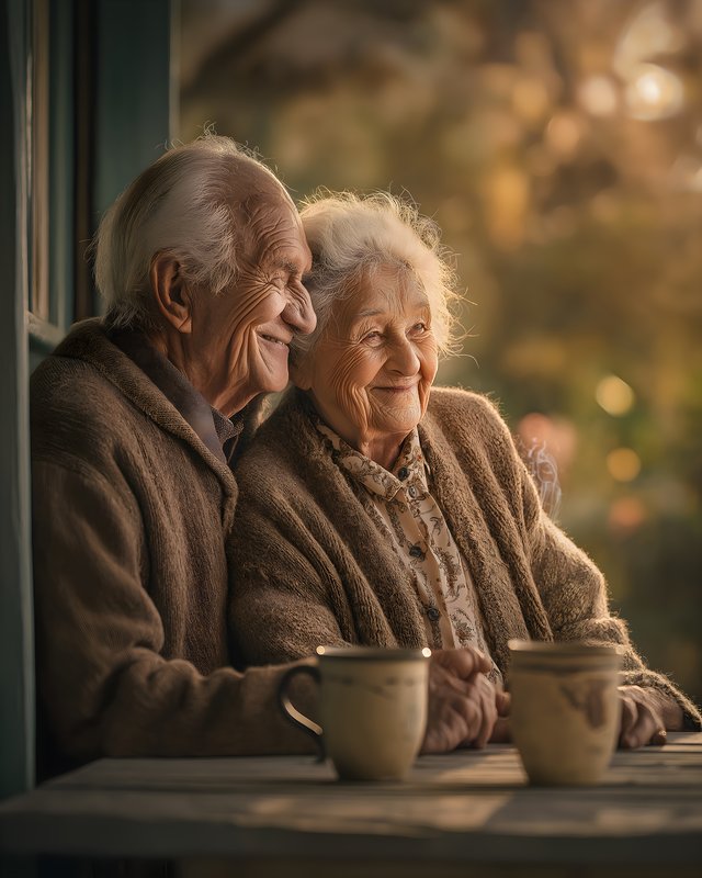 Elderly couple enjoying time together outside with hot drinks Free Premium Stock Photo - stock photo
