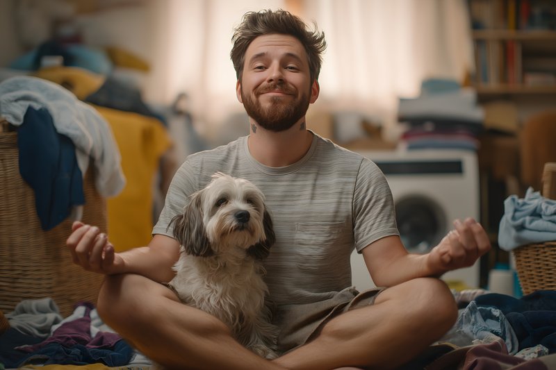 Man sits cross-legged with dog in a messy room Free Premium Stock Photo - stock photo