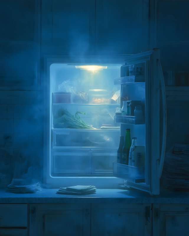 Cool light shines from open fridge in kitchen at night Free Premium Stock Photo - stock photo