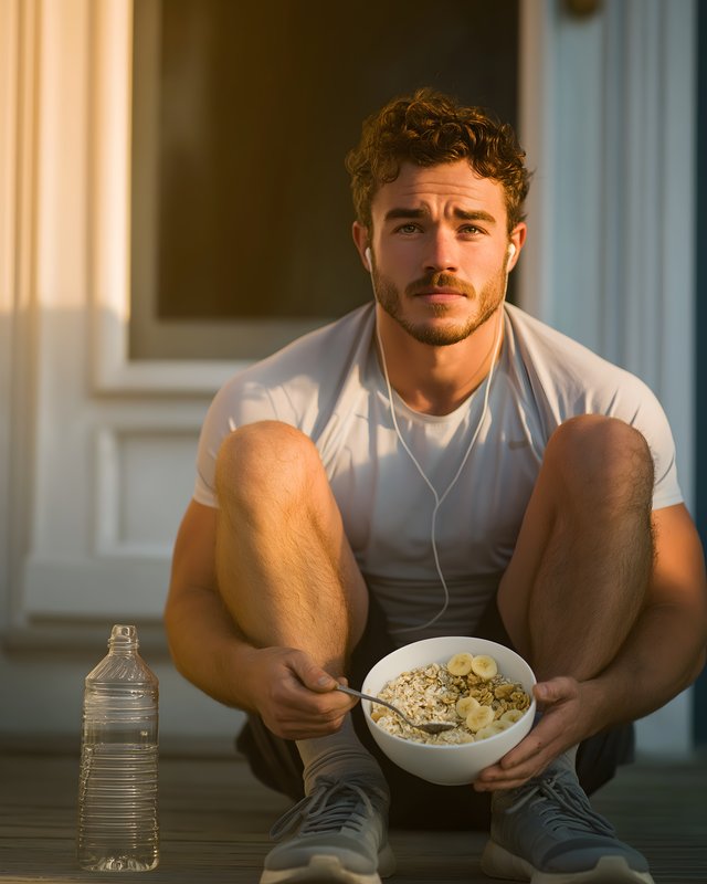 Young man enjoys breakfast outside in morning light Free Premium Stock Photo - stock photo