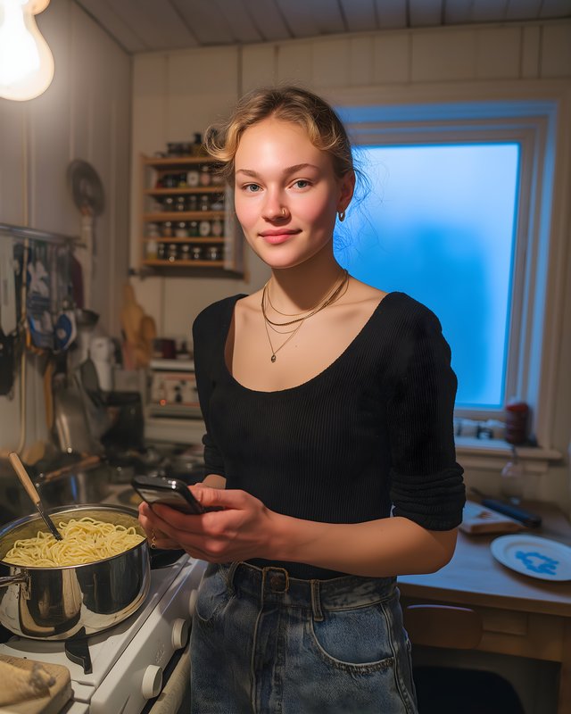 Cooking pasta in the kitchen while checking a phone Free Premium Stock Image - stock photo