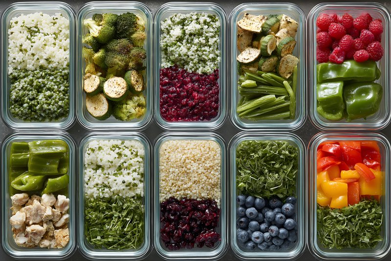 Meal prep with various ingredients in clear containers Free Premium Stock Image - stock photo