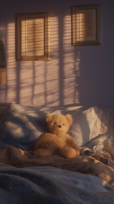 Sunlight falls on a teddy bear in a cozy bedroom setting Free Premium Stock Photo - stock photo