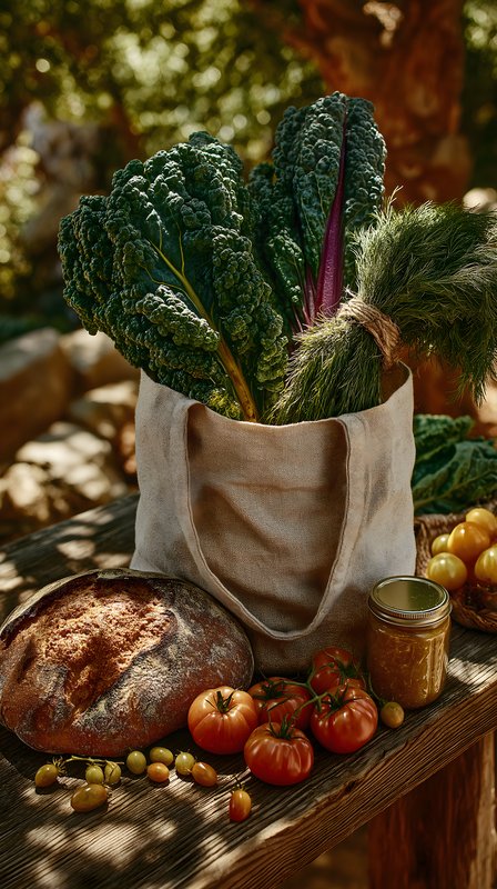 Fresh vegetables and bread on a wooden table in sunlight Free Premium Stock Image - stock photo