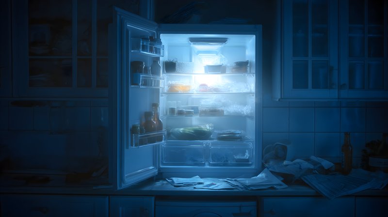 Open refrigerator at night in a kitchen Free Premium Stock Image - stock photo