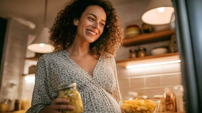Woman smiles in kitchen while holding jar and bowl of fruit Free Premium Stock Photo - stock photo