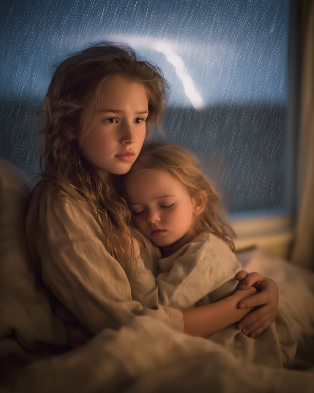 Sisters wrapped in warm blankets during a nighttime storm Free Premium Stock Photo - stock photo