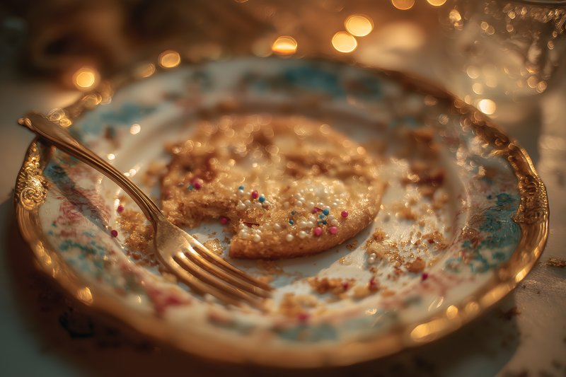 Plate with cookie crumbs and fork after dessert was eaten Free Premium Stock Photo - stock photo