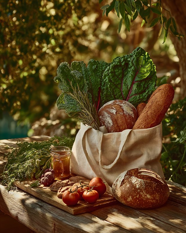 Fresh bread and vegetables in a bag at a sunny spot Free Premium Stock Photo - stock photo