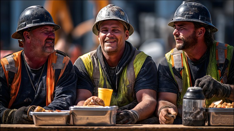 Workers enjoying lunch break at a construction site in daylight Free Premium Stock Image - stock photo