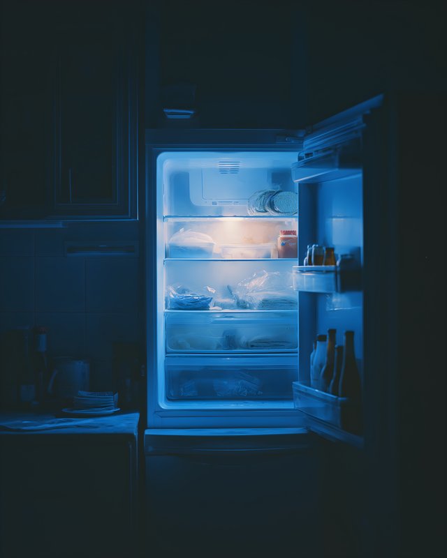 Fridge illuminated in dark kitchen space at night Free Premium Stock Photo - stock photo