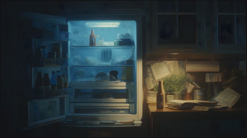 Cool night scene with fridge and messy kitchen table Free Premium Stock Image - stock photo