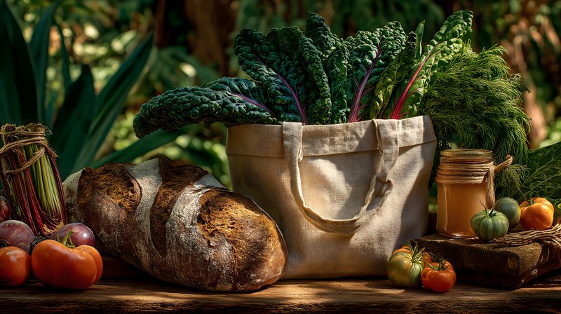 Fresh vegetables and bread on a wooden table outdoors Free Premium Stock Image - stock photo