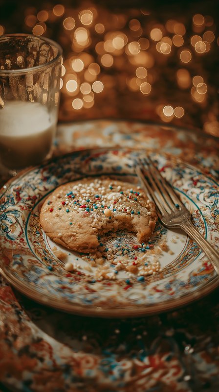 Cookie on a plate with a glass of milk and lights in background Free Premium Stock Photo - stock photo