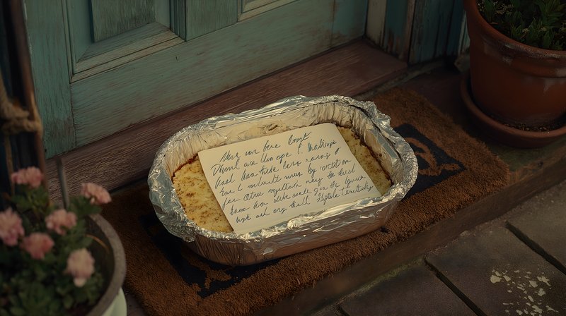 Baking treats on a porch with a note left on the dish Free Premium Stock Photo - stock photo