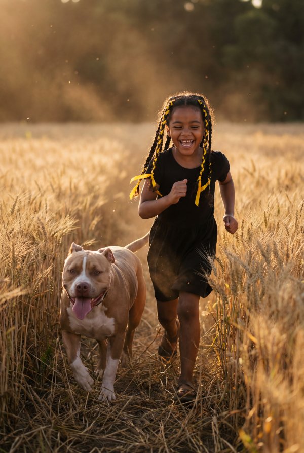 Girl runs happily with dog in wheat field during late afternoon - stock photo