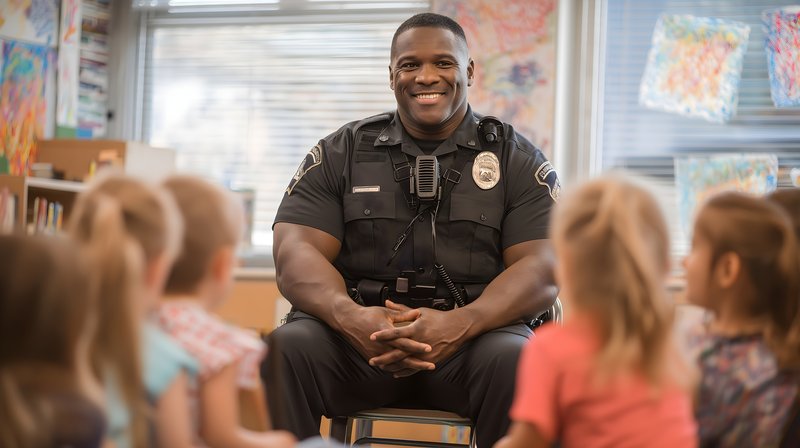 Officer sits with children during school visit in classroom Free Premium Stock Image - stock photo