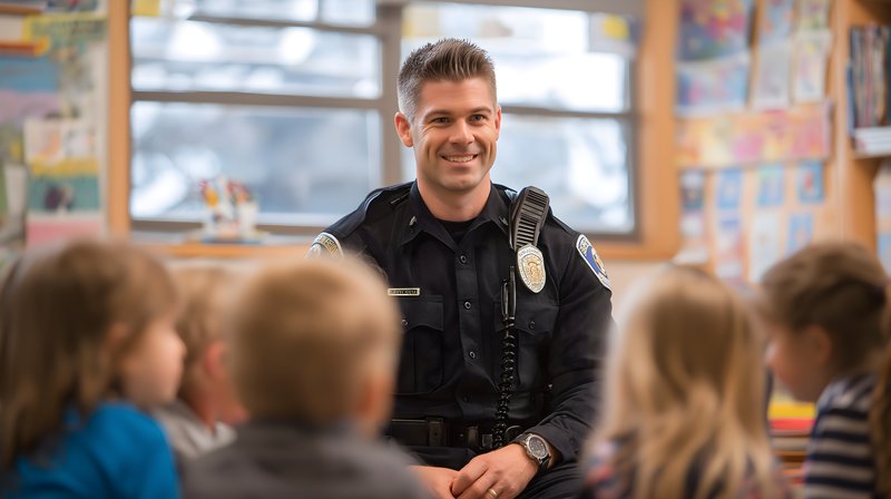 Officer visits classroom to talk with students about safety Free Premium Stock Image - stock photo