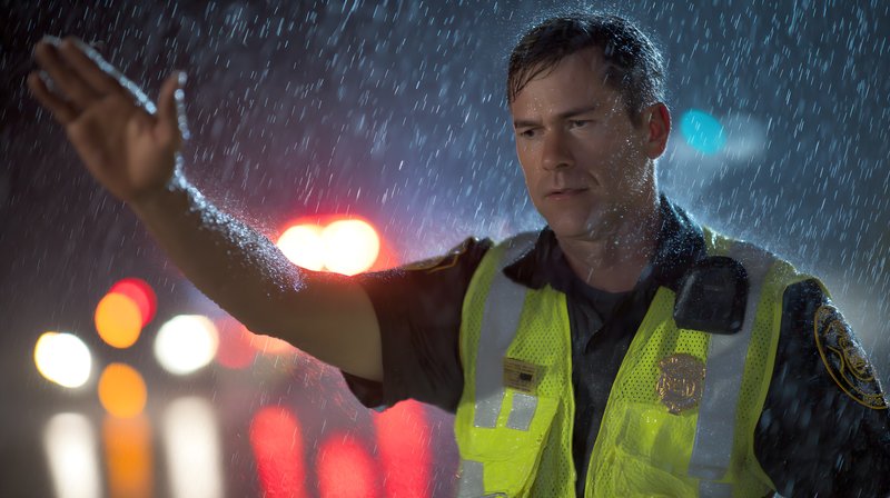 Officer directs traffic in rain at night on city street Free Premium Stock Image - stock photo