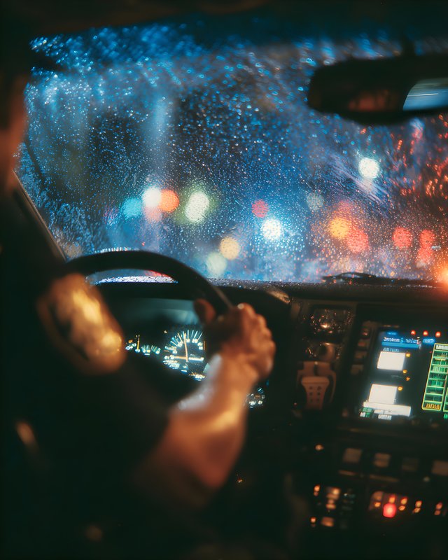 Officer driving patrol car during rainy night shift Free Premium Stock Image - stock photo