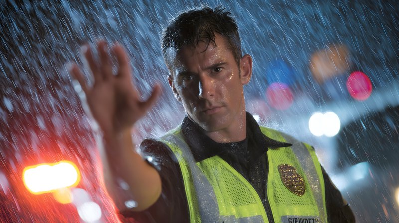 Man in uniform stands in rain directing traffic at night Free Premium Stock Image - stock photo