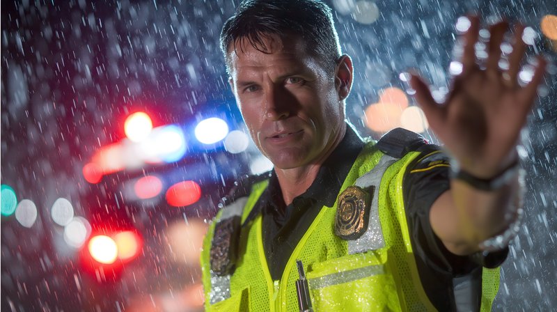 Police officer directs traffic during a rainy night Free Premium Stock Photo - stock photo