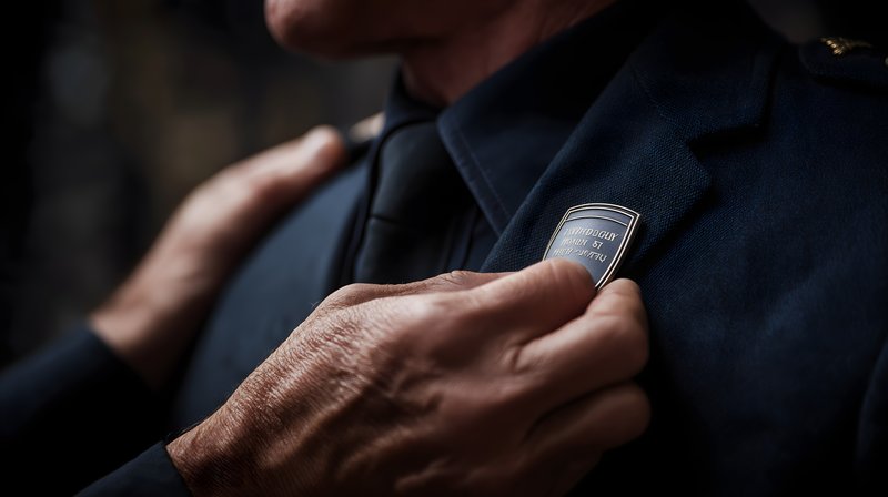 Man adjusts badge on police uniform during ceremony Free Premium Stock Image - stock photo