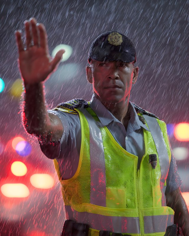 Police officer directs traffic during heavy rainstorm at night Free Premium Stock Image - stock photo
