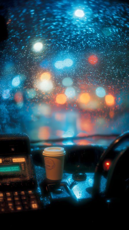 Rainy night in the city from inside a vehicle with coffee Free Premium Stock Image - stock photo