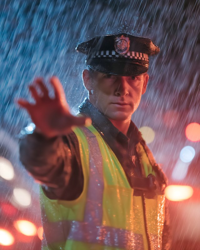 Police officer directs traffic during rain at night Free Premium Stock Image - stock photo