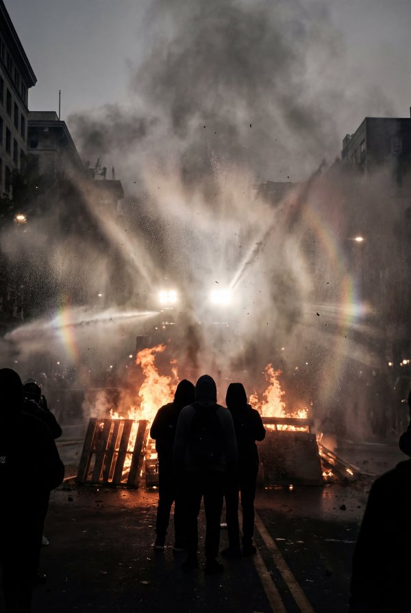 Protesters gather around fire during demonstration in city street - stock photo