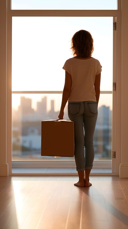 Woman holding box near window with city view at sunset Free Premium Stock Photo - stock photo