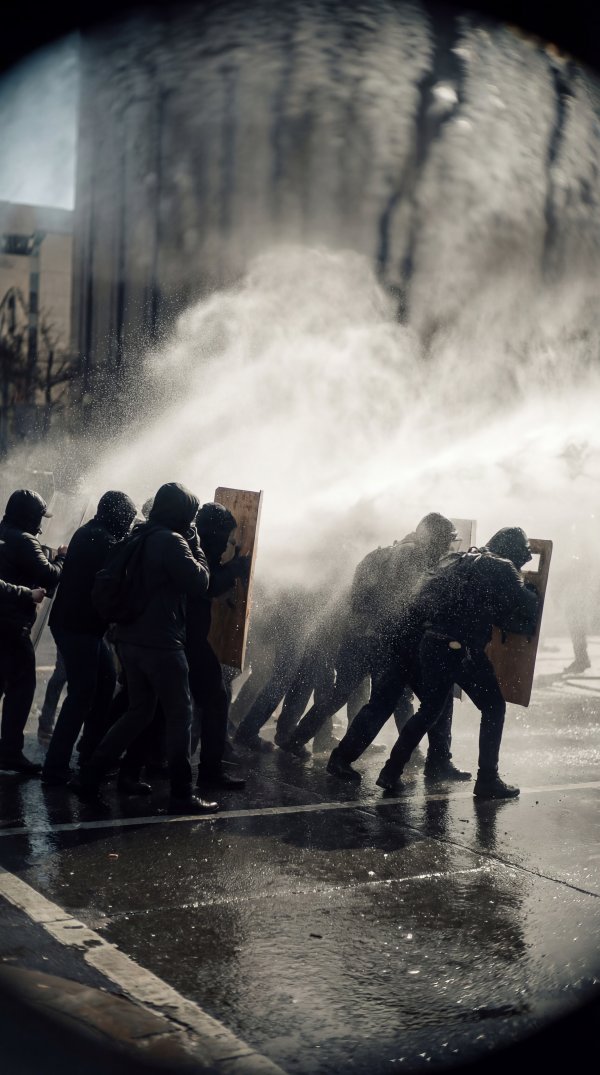 Protesters face water cannons during demonstration in the city - stock photo