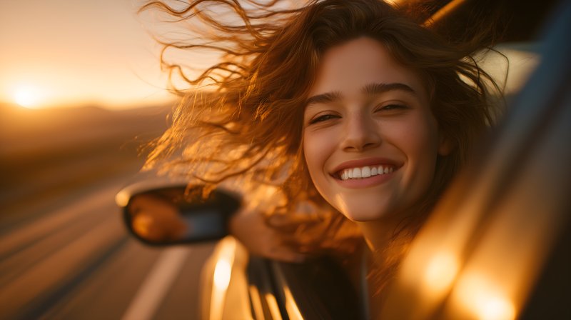 Woman smiles while riding in car during sunset drive Free Premium Stock Photo - stock photo