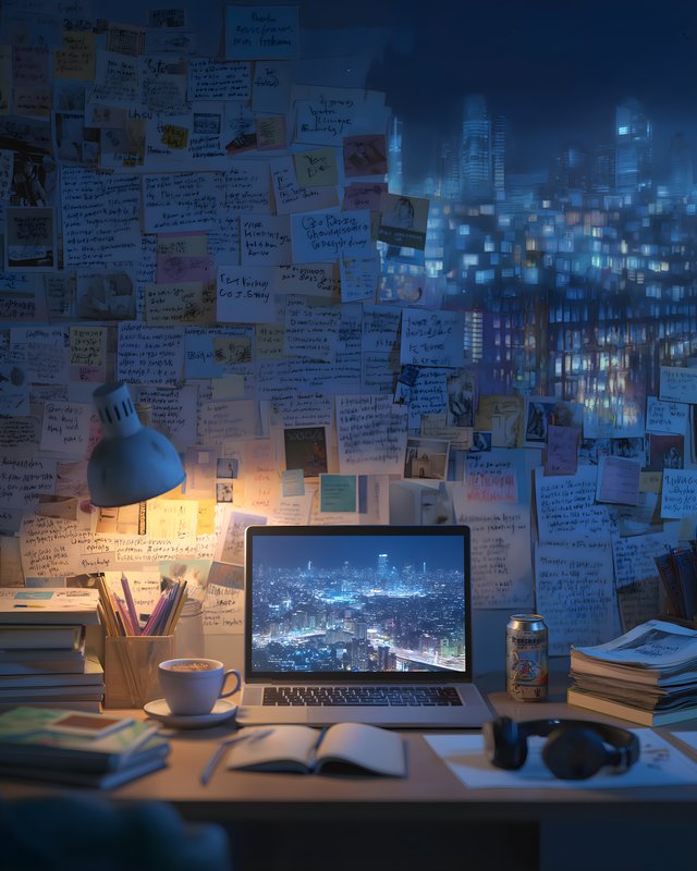 Work desk at night with city view and notes on walls Free Premium Stock Image - stock photo