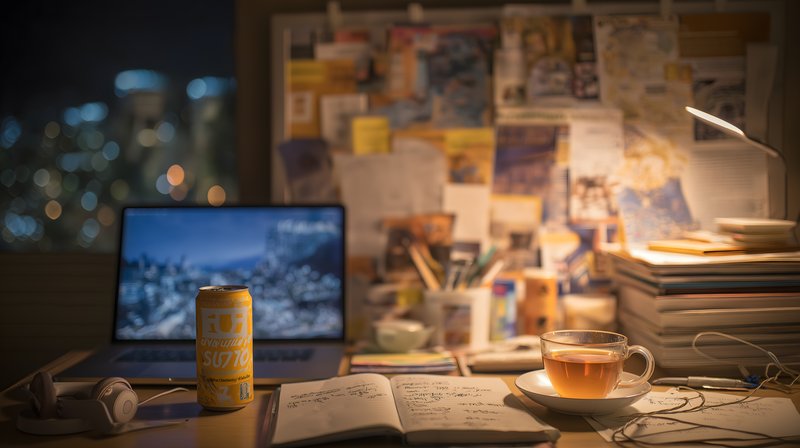 Late night workspace with laptop and notes in a city Free Premium Stock Image - stock photo