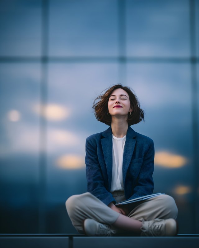 Woman sitting quietly outside a modern building at dusk Free Premium Stock Image - stock photo