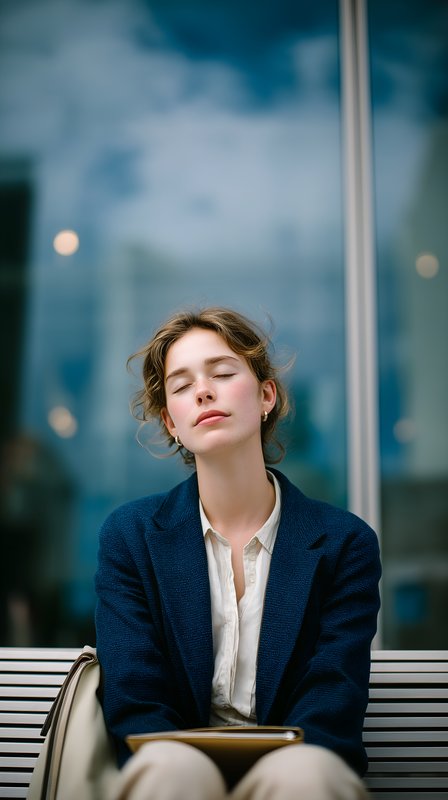 Woman sits quietly outside a building during the day Free Premium Stock Photo - stock photo