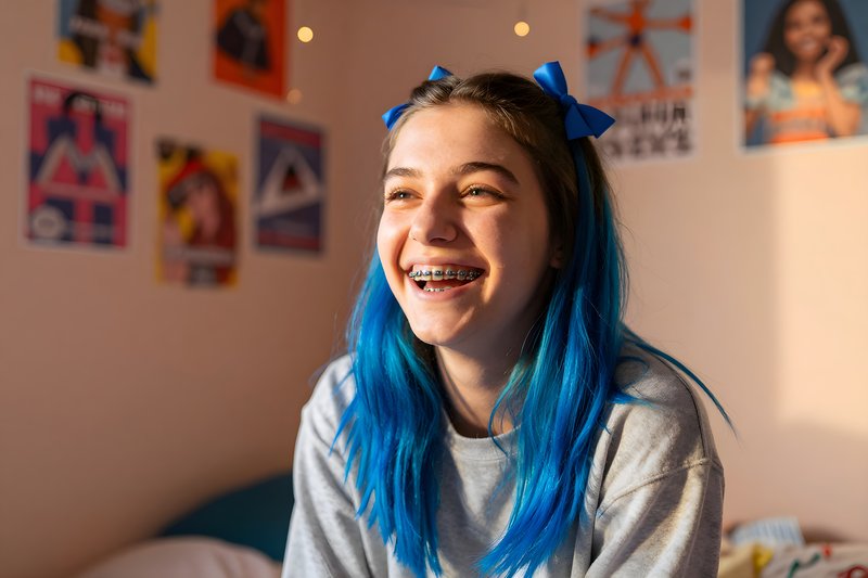 Girl with blue hair smiles in her bedroom with posters Free Premium Stock Image - stock photo