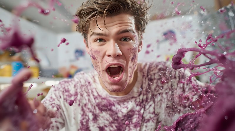 Man covered in purple substance shows surprise in kitchen Free Premium Stock Image - stock photo