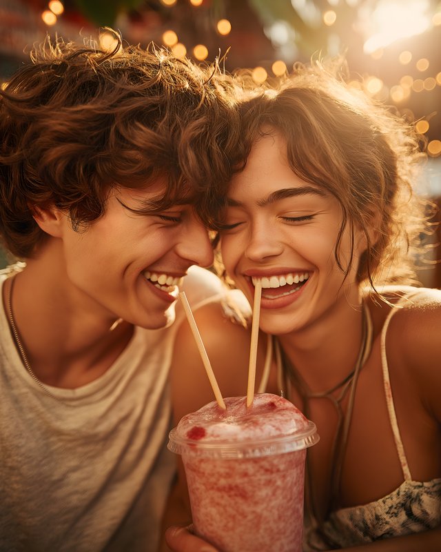 Laughing couple shares smoothie in golden sunset light Free Premium Stock Photo - stock photo