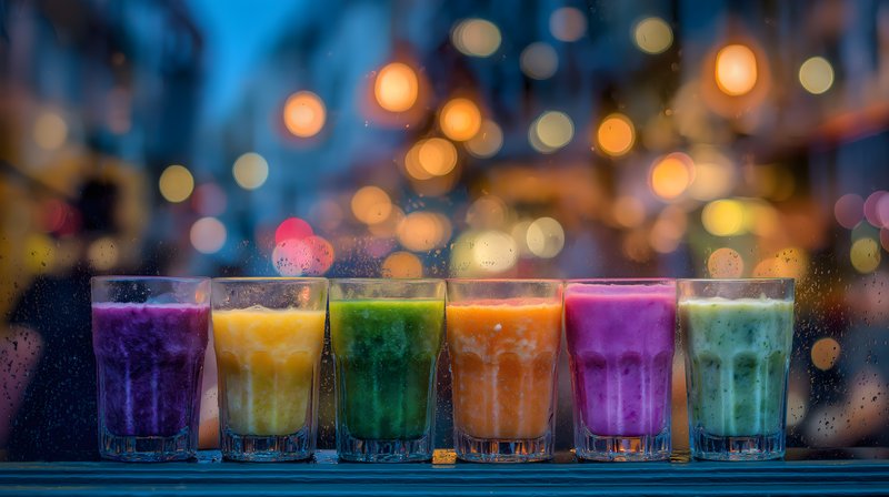 Colorful drinks line a table in a busy market street Free Premium Stock Photo - stock photo
