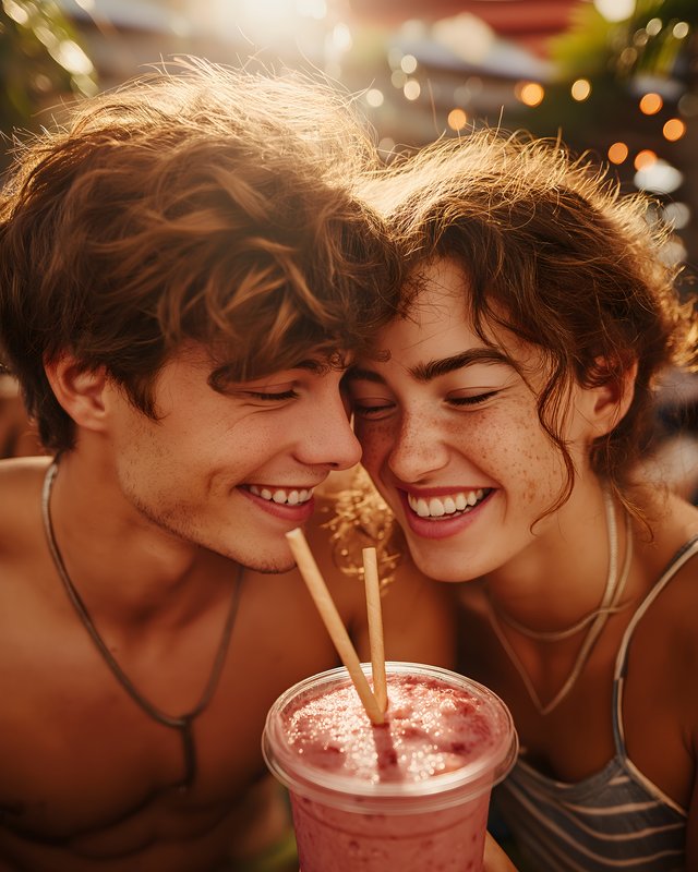 Happy couple smiles together while enjoying a smoothie Free Premium Stock Image - stock photo
