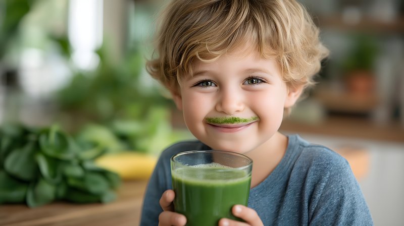 Child enjoys green smoothie in kitchen and smiles brightly Free Premium Stock Photo - stock photo