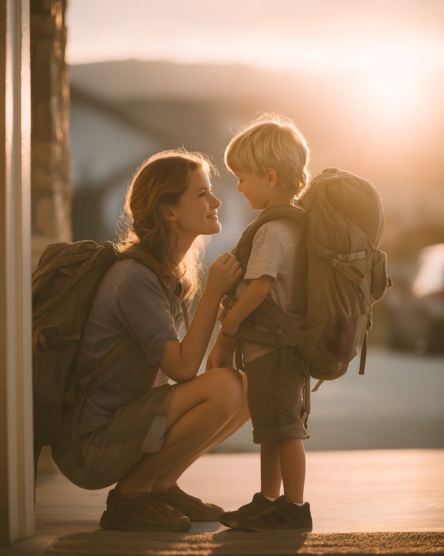 Mother and son get ready for outdoor adventure at sunset Free Premium Stock Image - stock photo