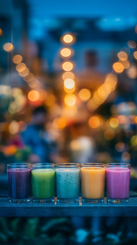 Colorful drinks line a counter at an outdoor market in evening Free Premium Stock Photo - stock photo